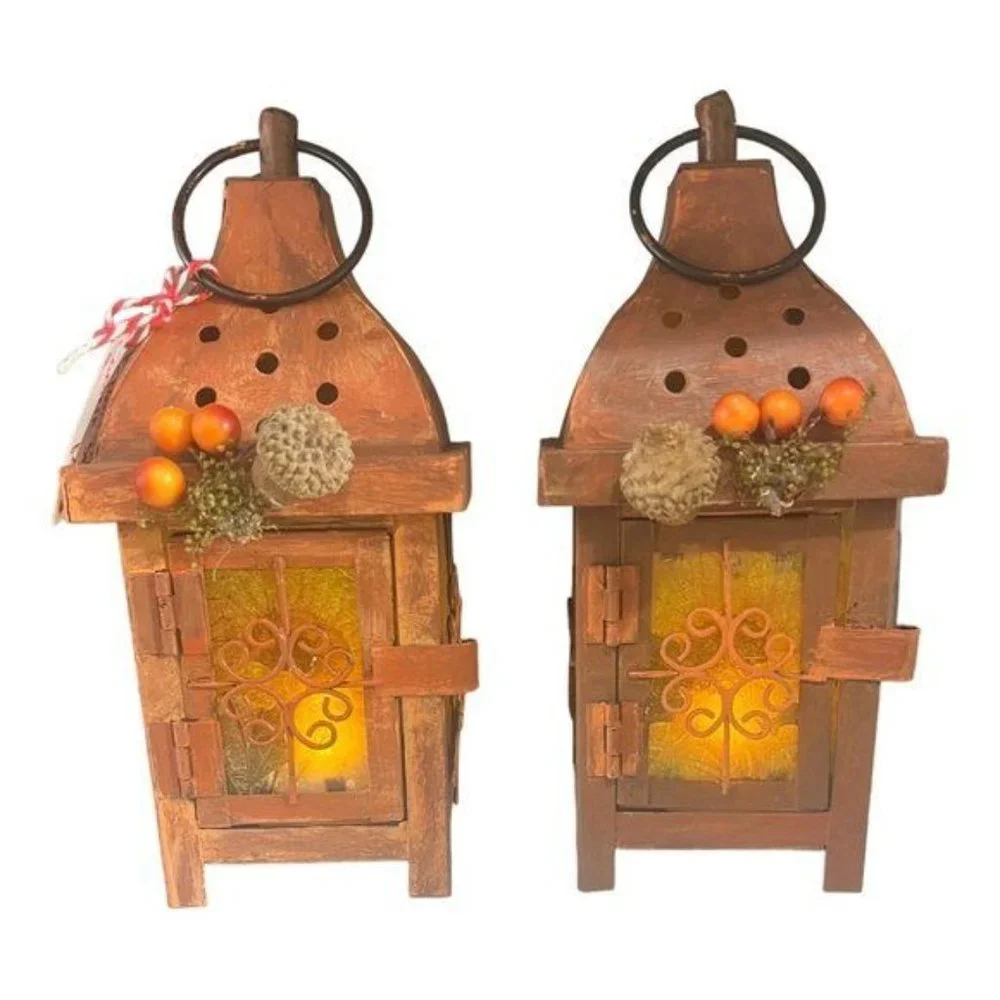 Decoupaged and Hand-Painted Candle Metal Lantern Candle Holder For Fall Decor